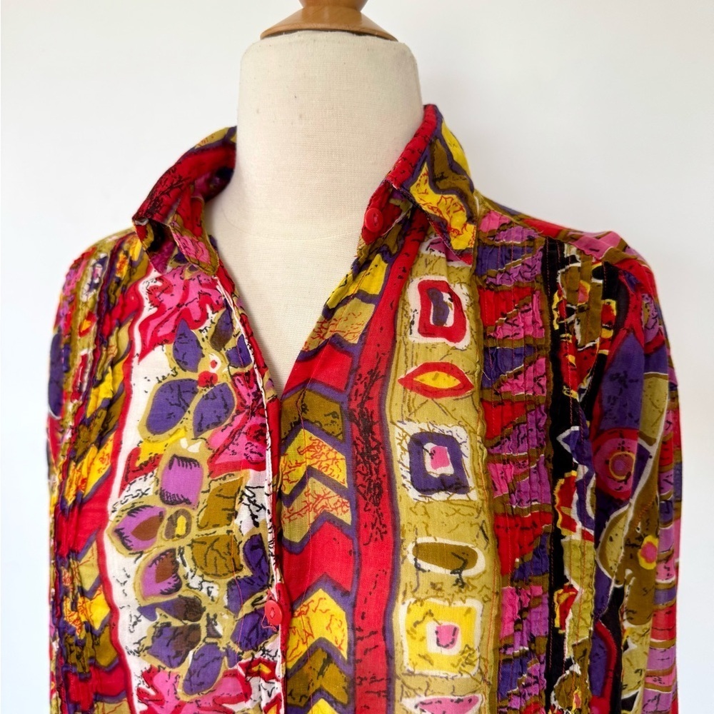 Vintage 90s La Femme India Cotton Gauze Floral Abstract Oversized Button Shirt M - Picture 3 of 11